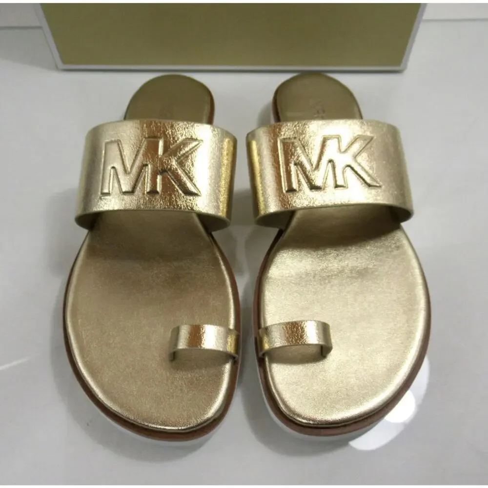Michael Kors Rosa Metallic Slide Toe Ring Flat Sandal MK Logo Pale Gold Size 8.5